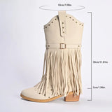 Street Style Rivet Tassel Boots Women 2025 New Beige Plus Size 36-43 Mid-Calf Boots for Woman Pointed Toe Zipper Up Botas Female
