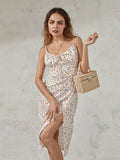 Women Summer Floral Print Party Club Midi Dress Sleeveless Spaghetti Strap Bustier Backless Thigh Slit Slim Dress