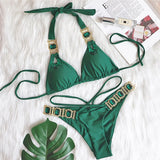DEKA Solid Green Rhinestones Bikini Set Women Push Up Glitter Diamond Swimsuit Chain Metal Bathing Suit Luxury Thong Swimwear