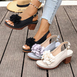 Summer Flower Decor Thick Heeled Sandals Women Plus Size 43 Lightweight High Heel Sandals Woman Back Strap Peep Toe Sandles 2026