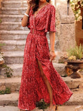 Spring Summer Printed Dress Short Sleeved Deep V-neck Slimming Waist Long Dresses Temperament Slit Dresses Vestidos Para Mujer