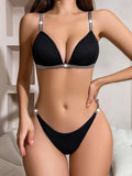 Women Sexy Bra and Panty Set Triangle Cup Luxury Noble Threaded Silver Ribbon Thin Buckle Lingerie Underwear Set