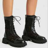 2026 New Big Size 45 Chic Black Lace Mesh Summer Boots Women Round Toe Square Heels Shoelace Zip-up Mid-calf Boots Shoes