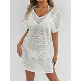 S - XL V Neck Short Sleeve Hollow Out Knitted Tunic Beach Cover Up Cover-ups Beach Dress Beach Wear Beachwear Female Women V8214