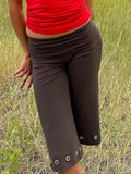 Women Capris Pants Summer Elastic Waist Solid Color Eyelets Casual Short Trousers Streetwear for Daily