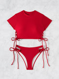 2026 New 2 Piece Swimsuit for Women Solid Color Sexy Drawstring Short Sleeve Bikini Set Beach Vacation Bathing Suit Swimwear