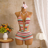 Sexy Hot Pink Knitted Striped Swimsuit 2026 Women Metal Circle Patchwork Hollow Backless Beach Bathing Suit One Piece Swimwear