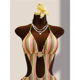 Striped Colorful Halter Cut Out One Piece Swimsuit Women Swimwear Female Monokini High Leg Cut Bather Bathing Suit Swim V8304