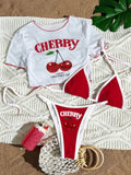 XS -XL Cherry Printed Short Sleeve Bikini Female Swimsuit Women Swimwear Three-pieces Bikini set Bather Bathing Suit Swim V6854