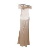 Elegant Satin Solid Color Off-Shoulder Women's Long Dress Sexy High-Waisted Flim Slit Pleated Dress for Lady Party Wedding