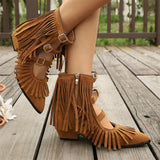 Women's Vintage Fringe Summer Ankle Boots Bohemian Buckle Straps Pointed Toe Ethnic Tassel Hollow Out Western Cowgirls Shoes