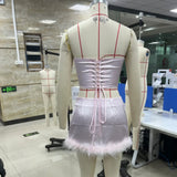 Solid Color Summer Sets for Women Sleeveless Back Bandage Feather Trim Bustier Tops and Mini Pencil Skirts Fashion Suits