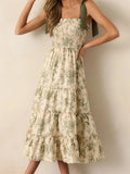 Women's Summer Floral Print Dresses Stylish Ruffled Trim Smocked Sleeveless Tie-Shoulder A-Line Dress