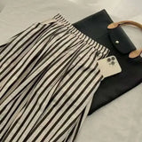 Retro Chic Solid Color Striped Skirt For Women In Summer, High Waisted And Slimming A-line Mid Length Umbrella Skirt Casual OHS8
