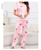 3-Piece Heart Print Pajama Women Sleepwear Home Clothes Short Sleeve Top with Shorts & Long Pants Pajamas Loungewear Short Suit