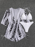 3 Pieces Bikini Tropical Print Swimsuit Halter Drawstring Side Swimwear Women 2026 Bathing Suit Female Swimming Summer Beachwear