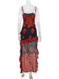 Ahagaga 2025 Summer Fashion Women's Straps Dresses Print Asymmetrical Chiffon Floral Streetwear Skinny Trailing Yk2 Vestidos