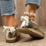 Sweet Ribbon Bowknot Ballet Flats for Women Plus Size 43 Gold Silver Platform Sneakers Woman Comfortable Soft Bottom Flat Shoes