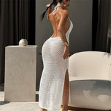 Halter Hollow Out Backless Crochet Knitted Tunic Beachwear Beach Dress Beach Wear Female Beach Cover Up Cover-ups Women V7504