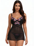 Black Floral Embroidered Mesh Chemise for Women Underwire Push Up Adjustable Back Closure Sleepwear with Panties Plus Size