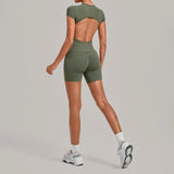 Tight Invisible Wrinkle Yoga Sets Women Short Sleeve O Neck Hollow Back Sports Tank Top Butt-Lifting Shorts Gym Fitness Suits