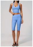 New Summer Women White Polka Dot Print Yoga Sets Hanging Neck Slim Sport Vest High Waist Mid Pants Gym Two-piece Workout Clothes