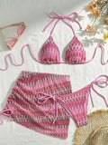 Sexy Drawstring Side Skirt 3 Piece Bikini Set Women Orange Striped Embroidered Print Swimwear High Waist Bathing Suit Swimsuit