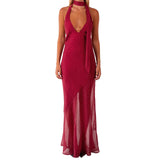Women's Summer Dress Dot Print Backless Halter Slim Fit Long Dress with Scarf Party Elegant Dresses