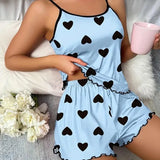 Women's Pajama Set Pajamas T-Shirts Shorts Pink Heart-Shaped Print Round Neck T-Shirt Ice Silk Top Comfortable Casual Summer