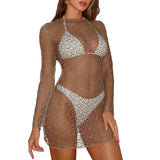 Sexy hollow bikini swimsuit cover-up European and American summer solid color beach dress