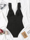 2026 Ruffle Swimsuit One Piece Solid V-neck Backless Swimwear Women Bathing Swimming Swim Suit Female Padded Beach Wear Summer