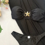 Sexy Meal Starfish Designer Bikinis Sets Women Black Push Up Buckle Mesh Skirt 3 Piece Swimsuit Beach Bathing Suit Swimwear 2025