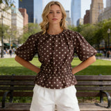 Women's Summer Puff Sleeve Tops Fashionable Dot Print Round Neck Cinched Waist T-shirts for Casual Daily Wear