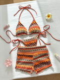 Sexy Red Striped Knitted Bikini Set 2026 Women Patchwork Push Up Bra Thong Swimsuit Beach Bathing Suit Cover Up 3 Piece Swimwear