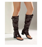 Plus Size Women Open Toe Thong Knee High Boots Metal Buckle Ruched Mid Block Heel Tall Sandal Boots Fashion Streetwear Long Boot