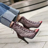 Sexy Leopard Pattern Mesh Thin Heel High Heel for Women Elegant Size 43 Breathable Sandals Lace Up Peep Toe Cool Boots