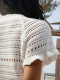 FDYOUI Casual O-neck Short Sleeve Knitted T-shirts Women Summer Sexy Hollow Out Ruched White Tops Female Beach Holiday Tee Shirt