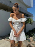 Foridol White Lace Cotton Dress V Neck Off Shoulder Sexy Beach Short Dress Summer Women Buttons Cut Out Mini Beach Sundress 2025