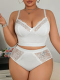 Plus Size Seamless Lingerie Set, Sheer Lace Plunge Push-up Open Back Bra for Full Bust Support