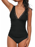 2026 V-neck Mesh Tankini Set Two Pieces Swimsuit Women Swimwear Female Solid Bathers Bathing Swimming Swim Suit Beachwear XXL