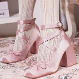 2025 Summer Cute Satin Pink Lolita Block Heels Mary Janes Shoes Women Sweet Buckle Cross-Strap Ballet Pumps Wedding High Heeled