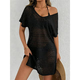 S - XL V Neck Short Sleeve Hollow Out Knitted Tunic Beach Cover Up Cover-ups Beach Dress Beach Wear Beachwear Female Women V8214