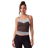 Women's Summer Solid Color Slim Fit Camisoles Spaghetti Strap Stylish Lace Trim Crop Tops