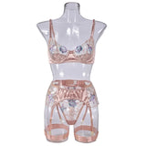 Toucheart 4-Piece Set Sexy Lingerie Set Embroidery Patchwork Mesh See-Through Exotic Underwear Women Garter Belt Underwear Suit
