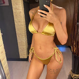 Sexy 13 Colors Halter Satin Brazilian Bikini Women Swimwear Female Swimsuit Two-pieces Bikini set Bather Bathing Suit Swim V4966