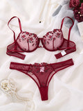 Romantic wine red rose embroidery lingerie set - see-through netting bra - casual erotic women's lingerie ZA824026