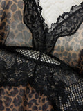 French style leopard print mesh sheer nightgown, sexy lace-edge deep V strap nightgown with T-shirt two-piece set ZA825233