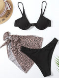 Marble Print V-Bar Underwired Bikini Women Swimsuit Female Swimwear Three-pieces Bikini Set Push Up Bathing Suit Beach Sarong