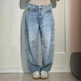 Women's Straight Leg Denim Pants High Waisted Baggy Wide Leg Bling Jeans Casual Sparkly Harem Jeans for Streetwear