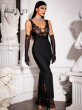 Ahagaga Lace Women's Party Maxi Dresses Solid Skinny V-Neck See Through Camisole Blackless Bodycon Sleeveless Vestidos Robes